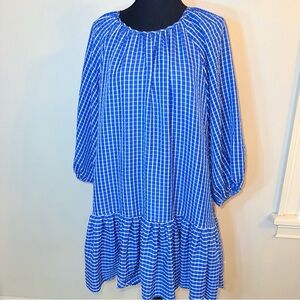 LDT Women Size 16 Ruffled Seersucker Blue White Sleeve Poof Swing Dress Mini